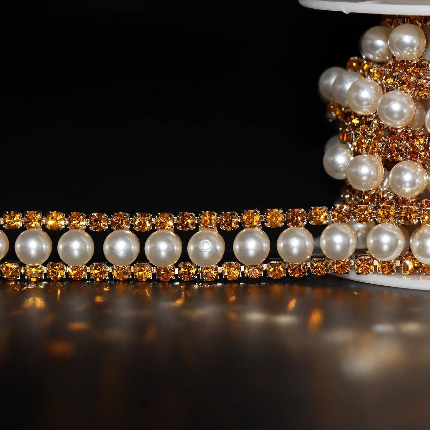 Jerler Gold Rhinestone Trim Applique 1 Yard 2 Rows Crystal Chain Banding Diamond Inlaid White Pearl Beaded Rhinestones for Crafts Clothing and Bridal Embellishments Wedding Ideas Christmas Decorations
