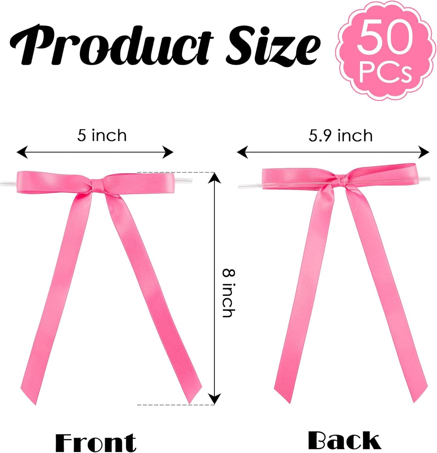 50 PCs Hot Pink Bow 5 Inch Long Tail Bows for Gift Wrapping, Easter Bow Party Decorations, Twist Tie Bows, Satin Bows for Crafts, Premade Bows for Presents, Treat Bags, Bottles, Cakes