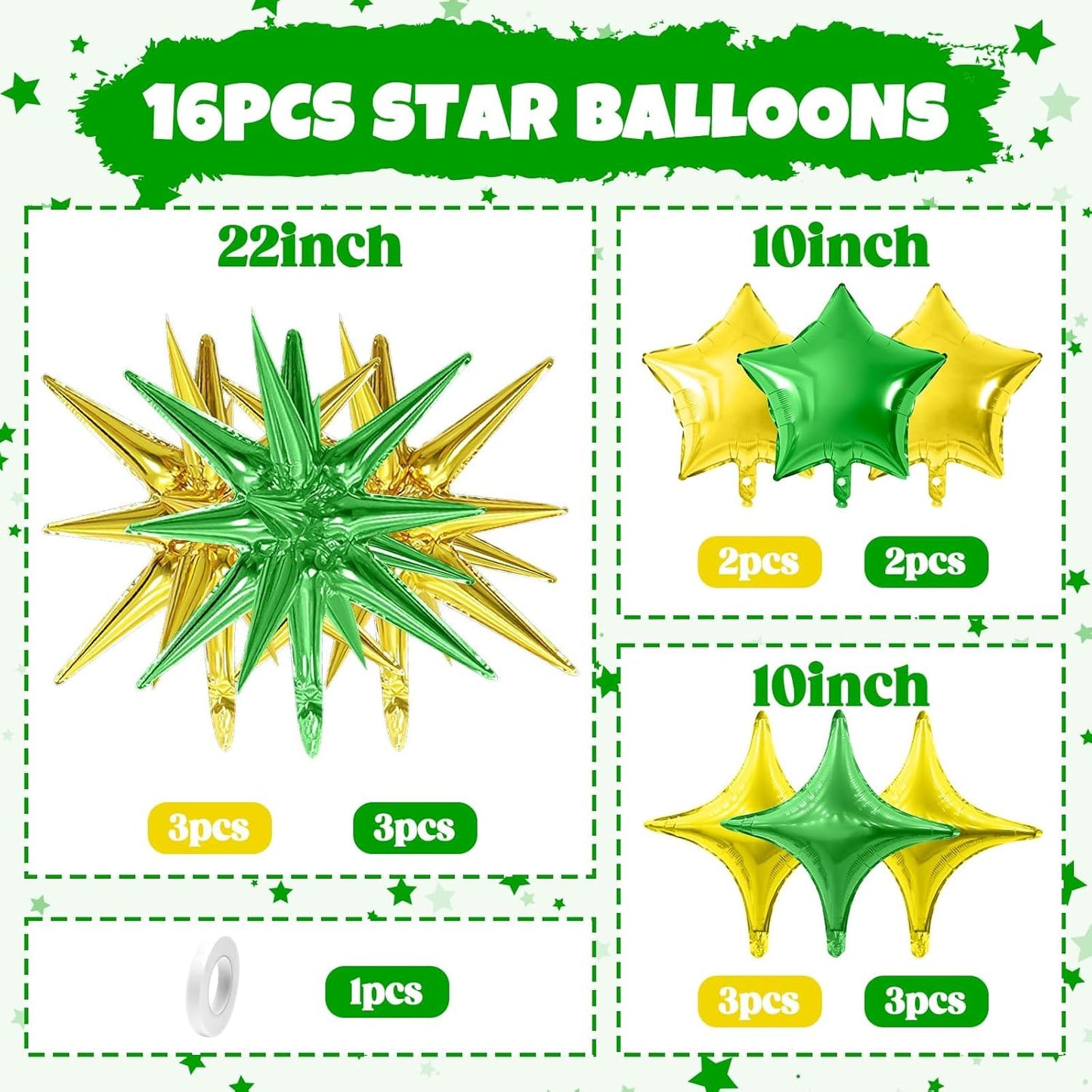 Gold Green Star Balloon,16Pcs Star Foil Balloons Set with 22Inch Explosion Spike Cone Balloons and 10Inch Quadrangle Helium Balloon for Birthday Wedding Baby Shower Party Decorations