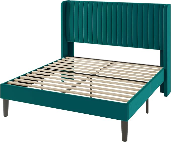 Allewie Queen Size Bed Frame/Velvet Upholstered Platform Bed/Vertical Channel - Image 8