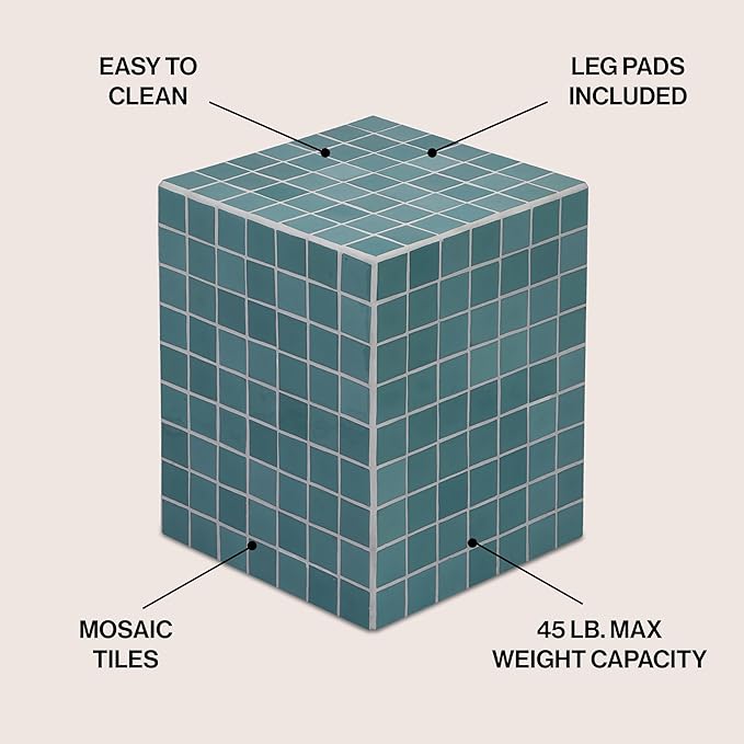JONATHAN Y Callista 18-Inch Teal Blue Modern Ceramic Tiled Cube Side Table - Image 3