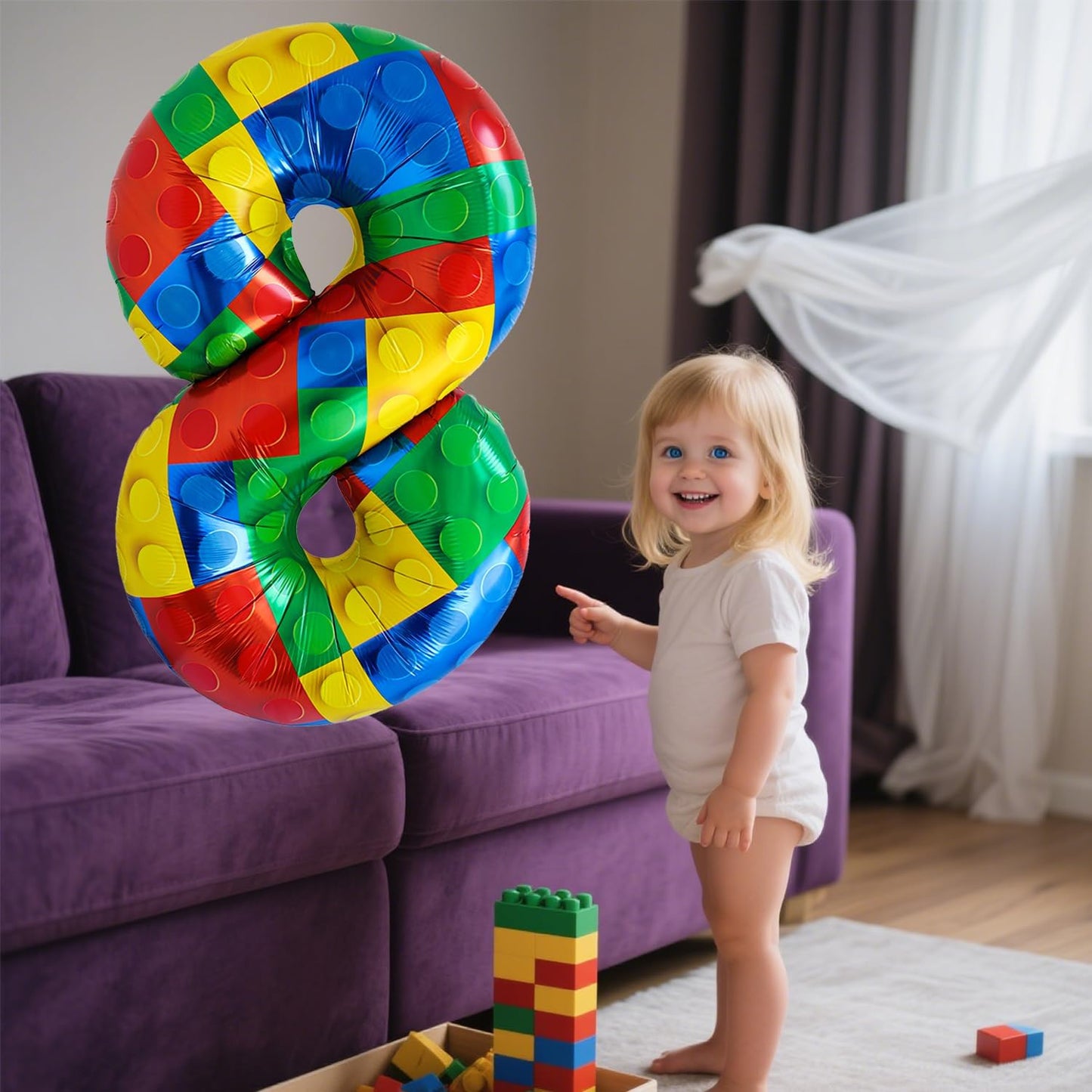 32 Inch Stackable Block Number Balloon – Colorful Brick Building Themed Big Helium Digits for Kids Birthday Party Decorations (Building Block, Number 8)