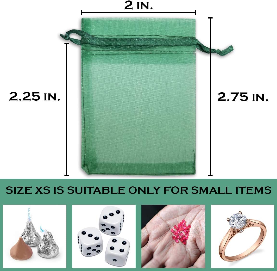 TheDisplayGuys 100-Pack XS 2 x 2 3/4" Dark Green Sheer Organza Gift Bags with Drawstring, Jewelry Candy Treat Wedding Party Favors Mesh Pouch