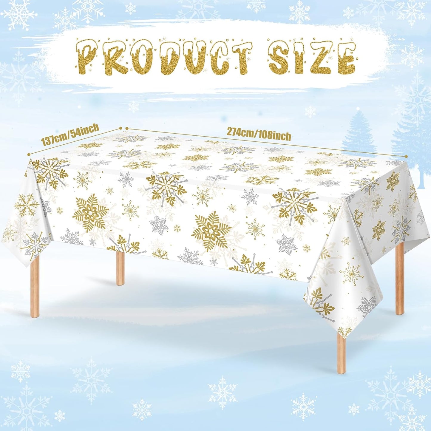 Jectivs 3Pcs Christmas Snowflake Party Tablecloths Decorations,Plastic White and Gold Table Cloth,Winter Rectangle Cover for New Year Birthday Baby Shower Holiday Decorations,54x108 inch