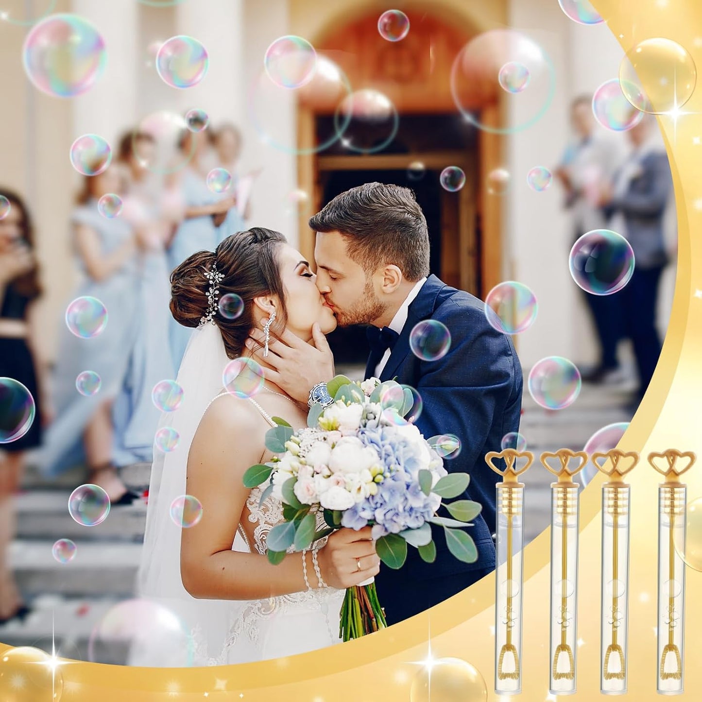 150 Pcs Bubble Wands Bulk for Wedding Party Mini Heart Wand with Bubble Solution for Wedding Bridal Showers Valentine Anniversary Graduation Birthday Supplies(Gold,Double Heart)
