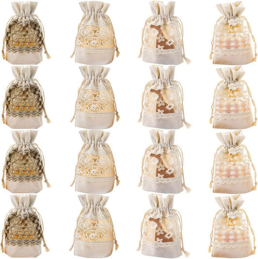 Snadulor 16 Pcs Organza Burlap Gift Bags Lace Burlap Organza Favor jewelry Pouch Bags for Christmas Birthday Wedding Baby Shower Party Favor