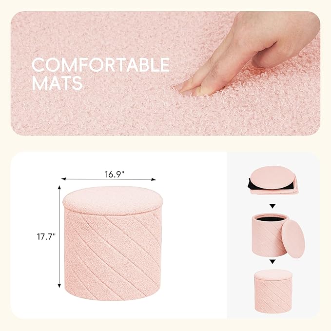 PINPLUS Ottoman with Stroage Round Boucle Ottoman and Tray Sherpa Removable - Image 3