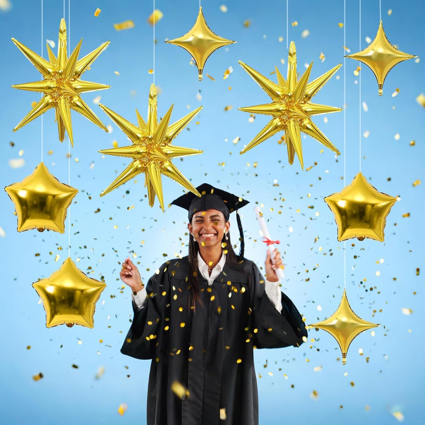 Gold Star Balloons, 22in Large Star Balloons Foil 10in 4-Pointed & Gold Pentagram Balloon for Graduation New Year Retirement Wedding Anniversary Birthday Party Decorations