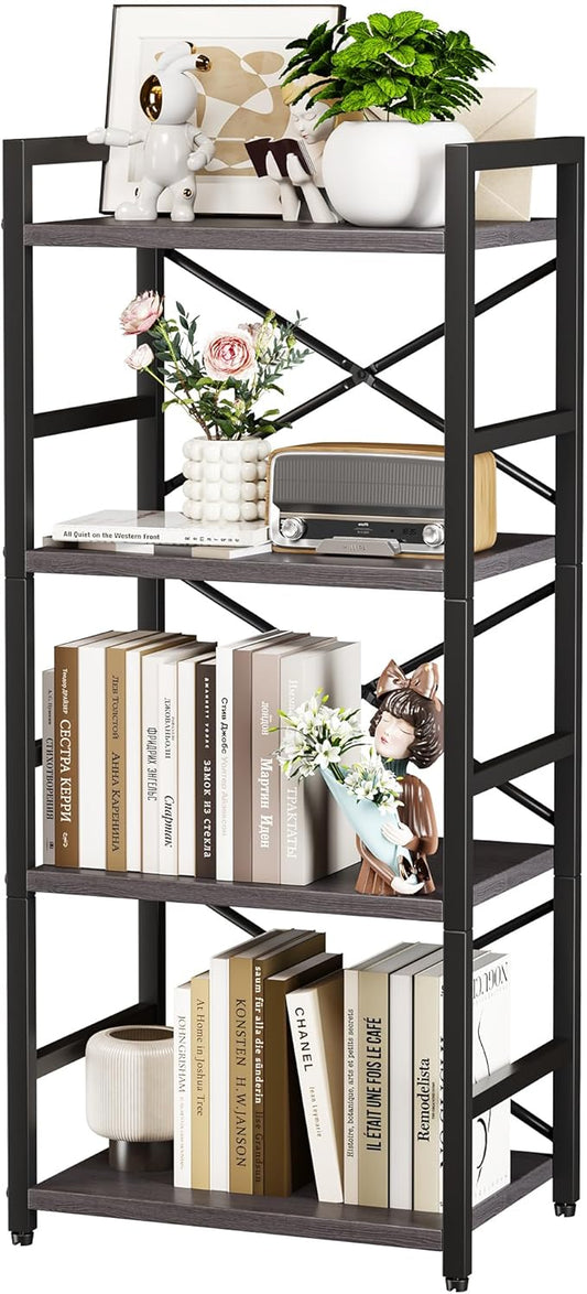 Homeiju Grey Bookshelf, 4 Tier Small Bookcase by Homeiju