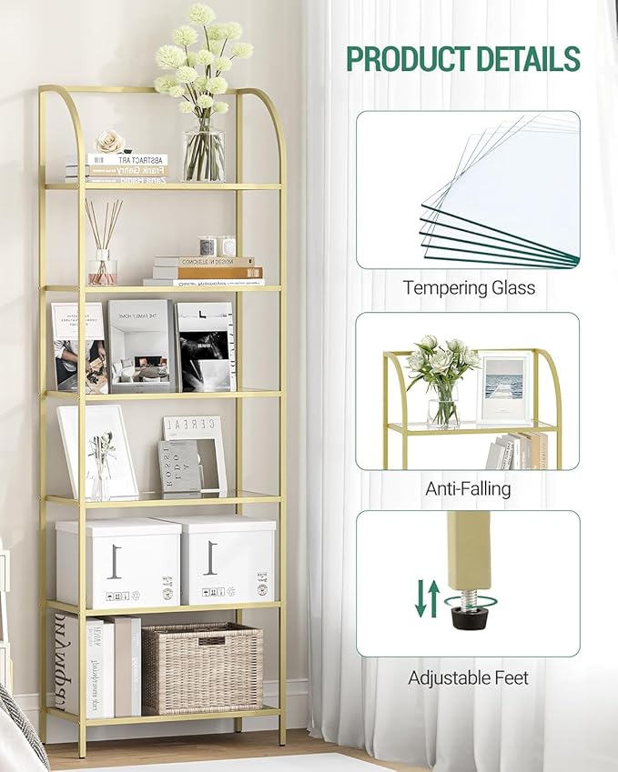 Hzuaneri Bookcase Bookshelf, Tempered Glass Arched Bookshelf - Image 3