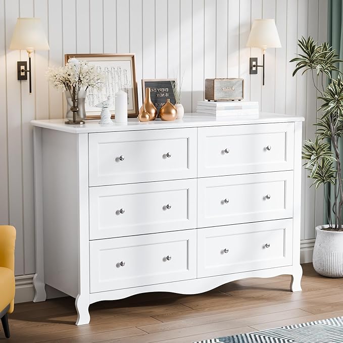 VINGLI White Dresser 6 Drawer, Wood Dresser Chest of Drawers, Clothes Dressers - Image 8