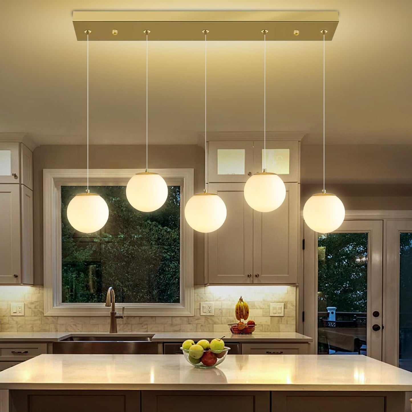 5-Lights Globe Pendant Light for Kitchen Island H 98" Gold Rectangle Chandelier Milk White Glass Pendant Lighting for Living Room Bedroom Entryway