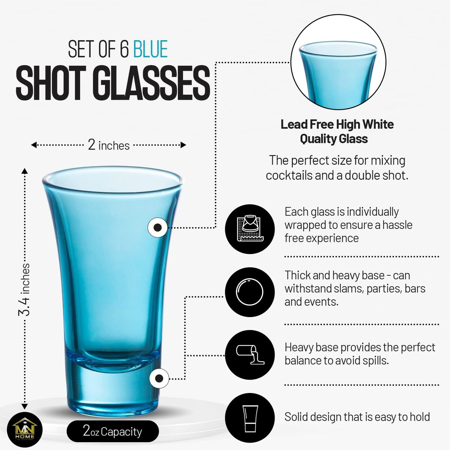 M&N HOME Blue Colored Glass Shot Glasses, 2 Oz Set of 6 with Heavy Base - Whiskey, Tequila & Cocktail Glasses