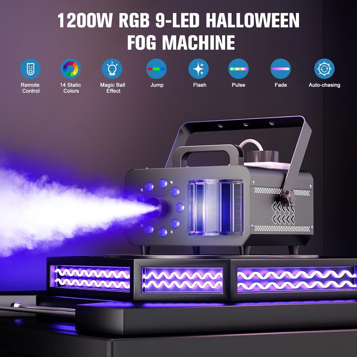 Fog Machine with 9 RGBW LED Lights, 1200W Professional Smoke Machine, 1L Tank, 3000CFM Output, 14 Colors for DJ Party Stage Wedding Halloween