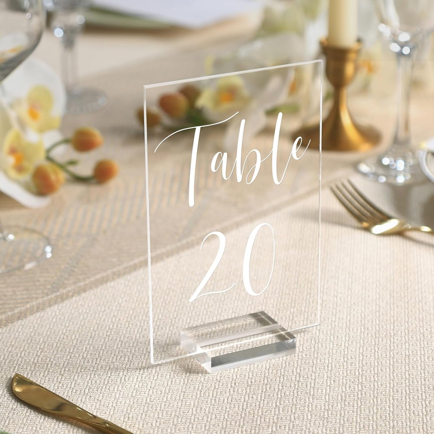 UNIQOOO Acrylic Wedding Table Number 1-20 with Stand | 4x6 inch Printed Calligraphy, Sign and Holder | Perfect for Wedding, Reception, Centerpiece Decoration, Event, Party