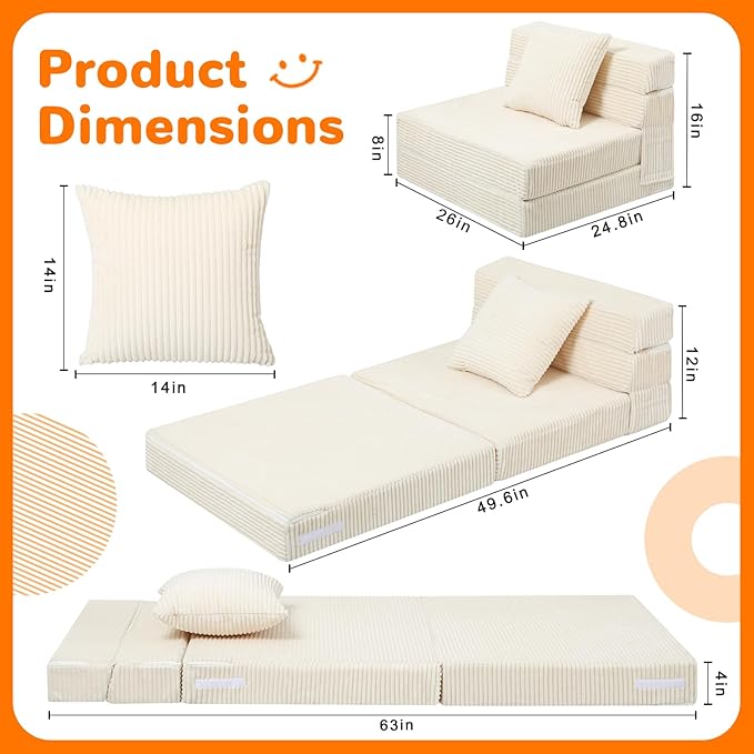 MeMoreCool Folding Sofa for Kids, Corduroy Fold Out Futon Chair, Small Foldable - Image 5