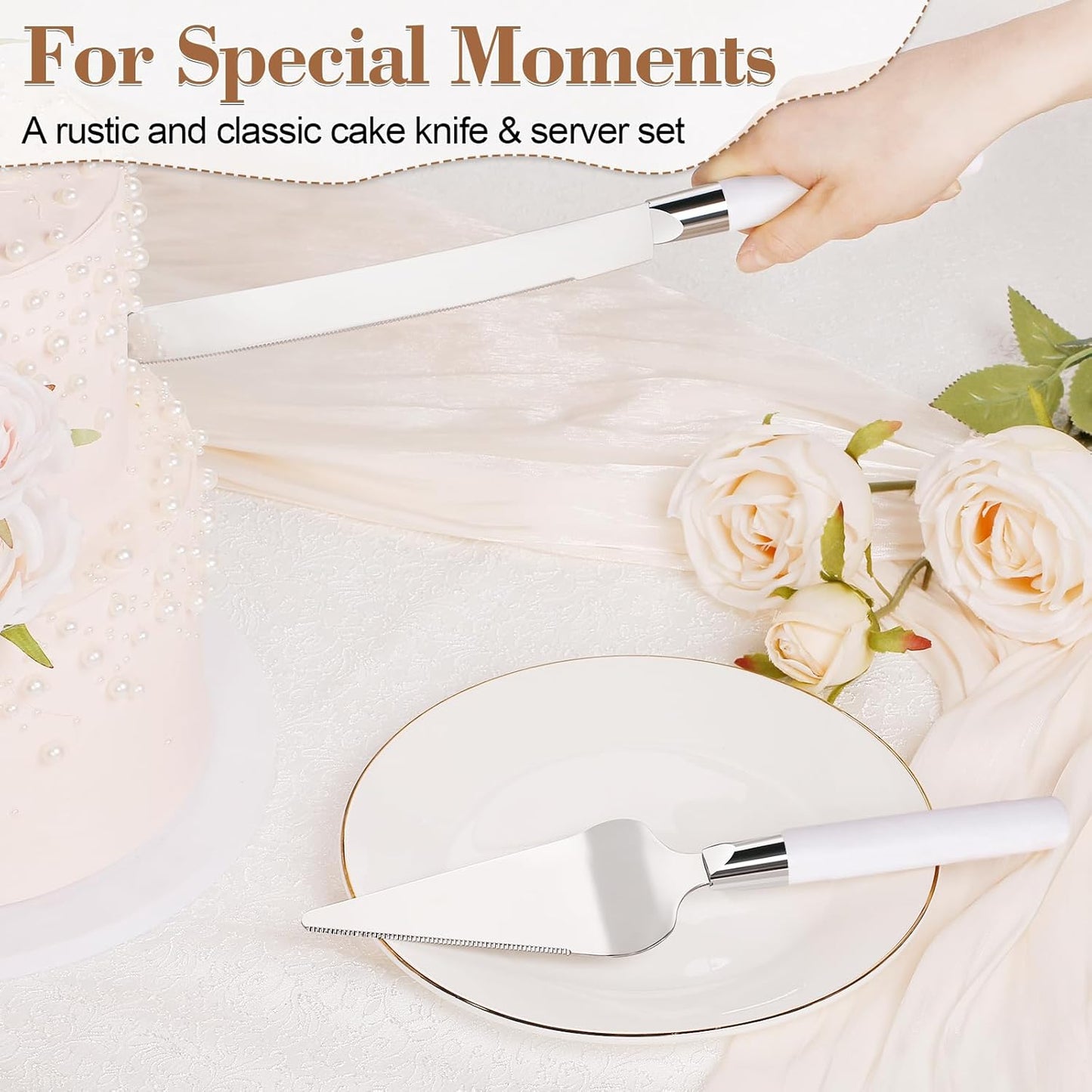 Cake Cutting Set for Wedding, Wood Cake Knife and Server Set, Vintage 2-Piece Pie Cake Cutter, White Pizza Dessert Utensils Bridal Anniversary Birthday Quinceañera Gift (White)