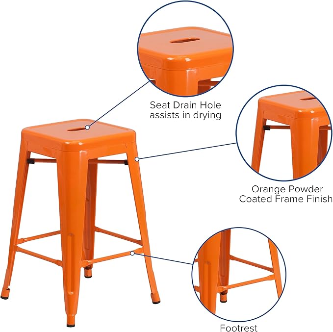 Flash Furniture Lily 4 Pack Commercial Grade 24" High Backless Orange Metal - Image 6