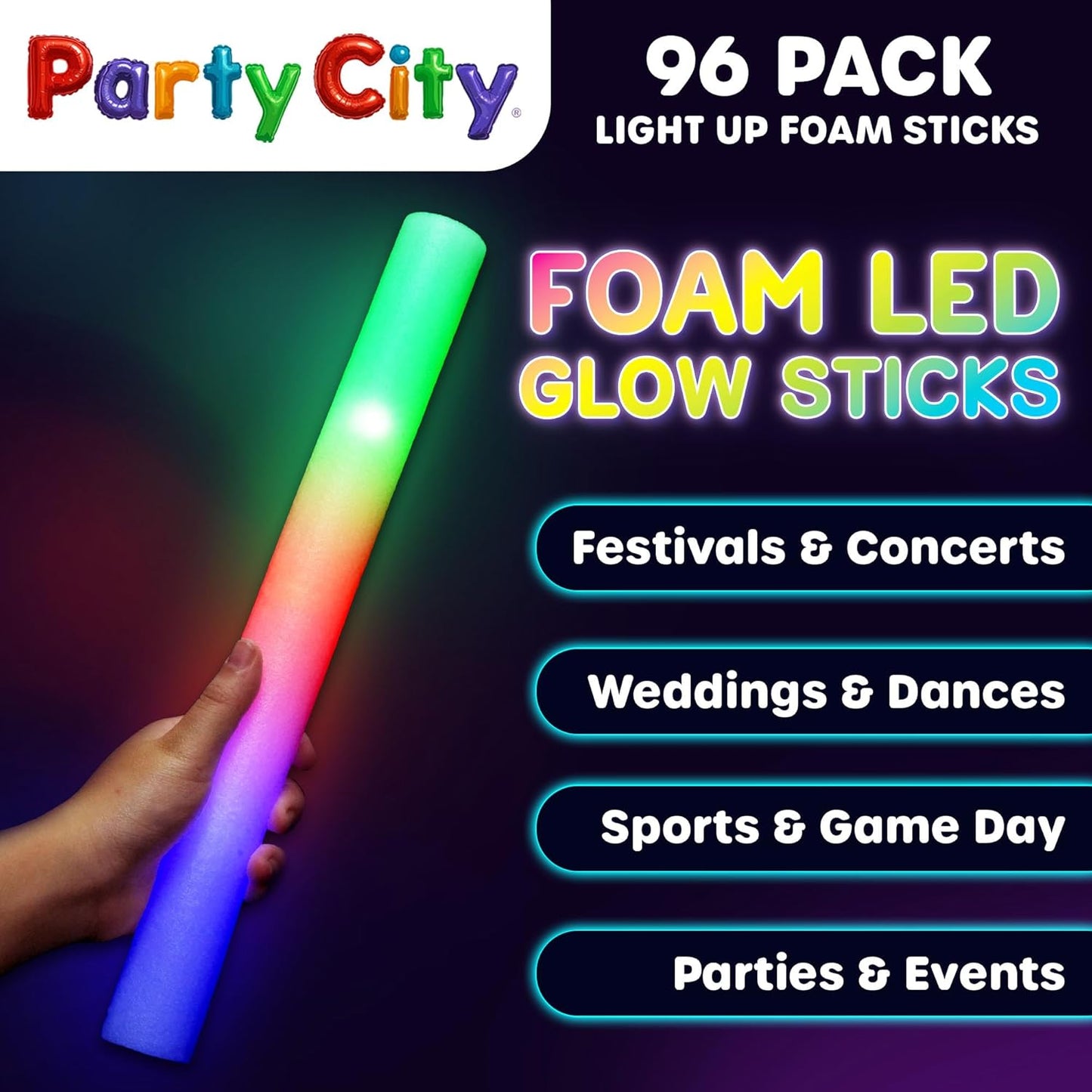 Party City 96pk LED Foam Glow Sticks 14”- Glow in the Dark Party Supplies Favors, Colorful Flashing Wand with 3 Modes, Foam Light Up Sticks Bulk Party Pack for Wedding, Birthday, Concert, Halloween