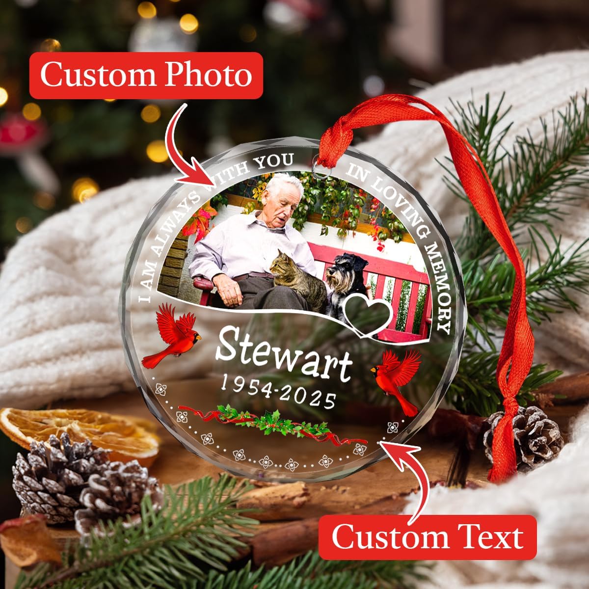 Personalized Memorial Glass Ornament 2025 – I Am Always with You Ornament, Custom Photo Memorial Christmas Ornament, Christmas|Birthday|Anniversary Keepsake for Loss of Loved One (M3)