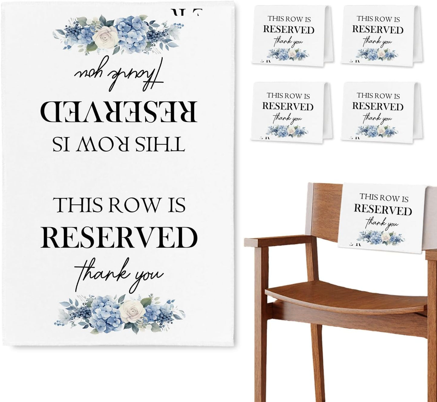 Reserved Seating Chair Signs, This Row Is Reserved Pew Cloths Seating Placeholder for Church Pews, Wedding Decorations for Reception Parties Celebrations Event Meetings (Blue Floral, 4 PCS)