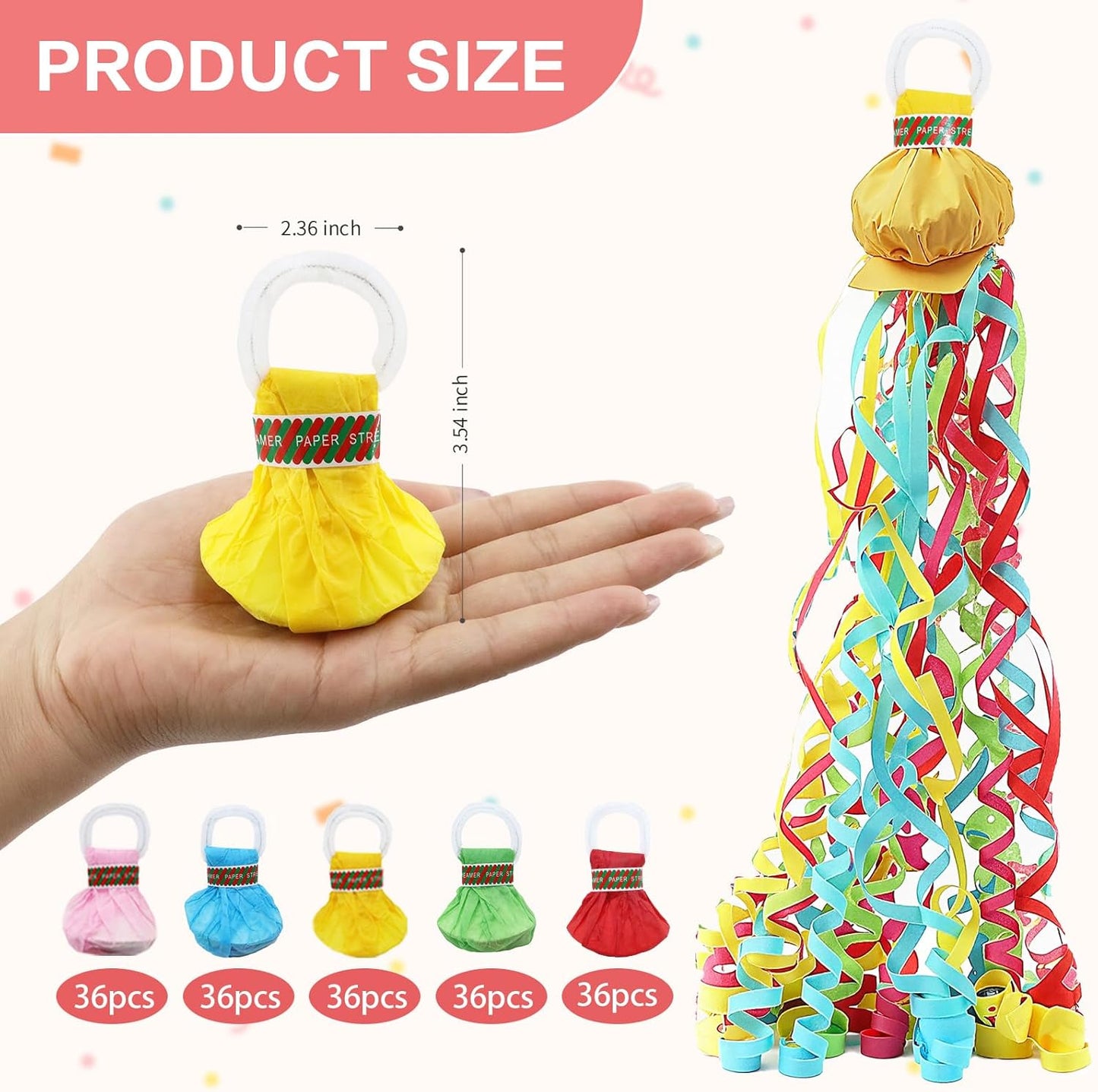 180 Pcs Hand Thrown Streamer Poppers Colorful, Confetti Streamers No Mess Paper Crackers Party Poppers for Birthday,Wedding,Celebrations,Graduation Party