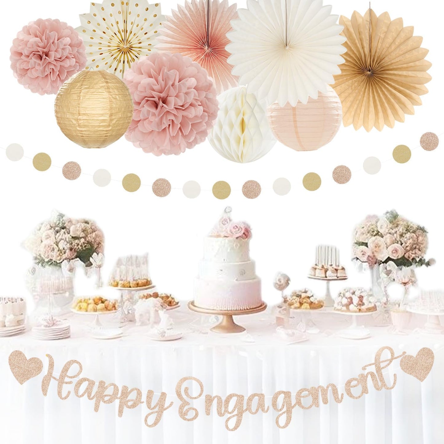 Champagne-Gold Fall Boho Happy-Engagement Party-Decorations - 21pcs Women She Said Yes Proposal Banner Streamers, Beige One Sweet Peach Paper Lanterns,Flower Tissue Pom Poms Fan Favors Decor Huglony