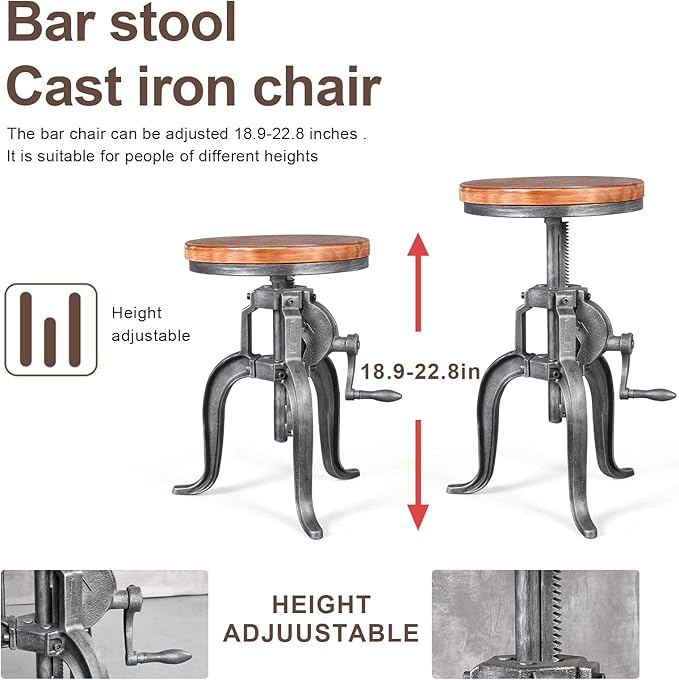 Topower Antique Industrial DIY Crank Stool Cast Iron Three-Legged Chair Bar - Image 6