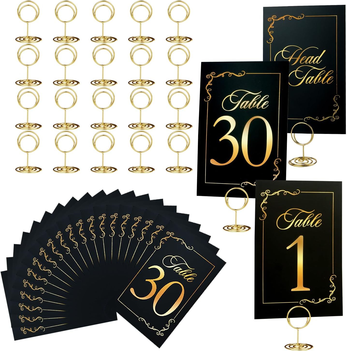 Wedding Table Numbers 1-30 with Head Table Card, Black & Gold Cards and Holders, 1 Set of 31 for Wedding Reception