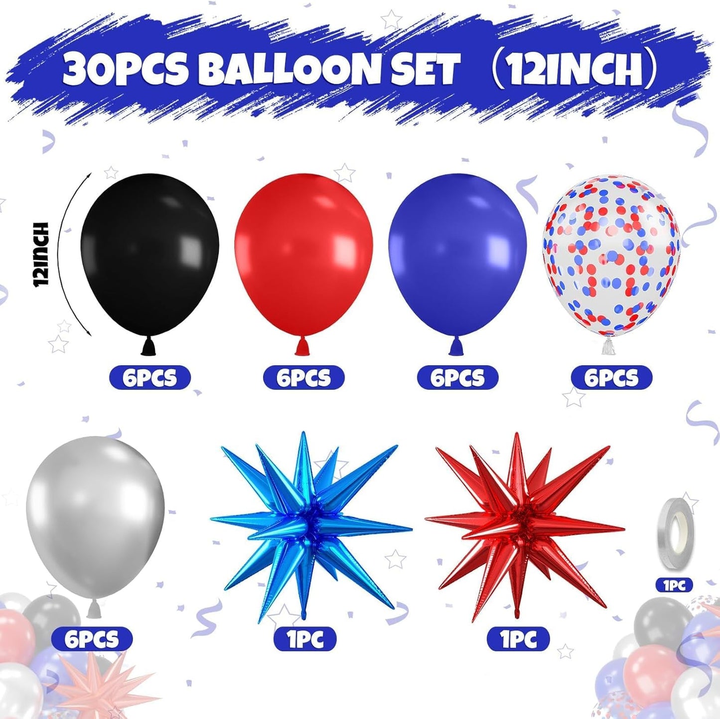 Red Blue Black Balloons, 12 Inch Black Red Royal Blue Metallic Silver Confetti Balloons with Star Foil Balloon for Man Boys Birthday Party Baby Shower Graduation Party Decoration