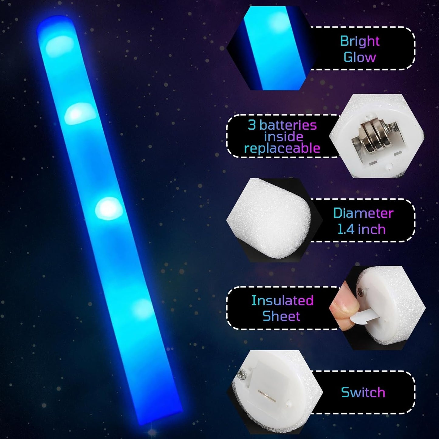 Foam Glow Sticks Bulk, 30 PCS Blue Light Up Foam Sticks 3 Modes, Glow Party Supplies for Wedding,Raves, Carnival, Concert, 4th of July, Halloween, Christmas, New Year