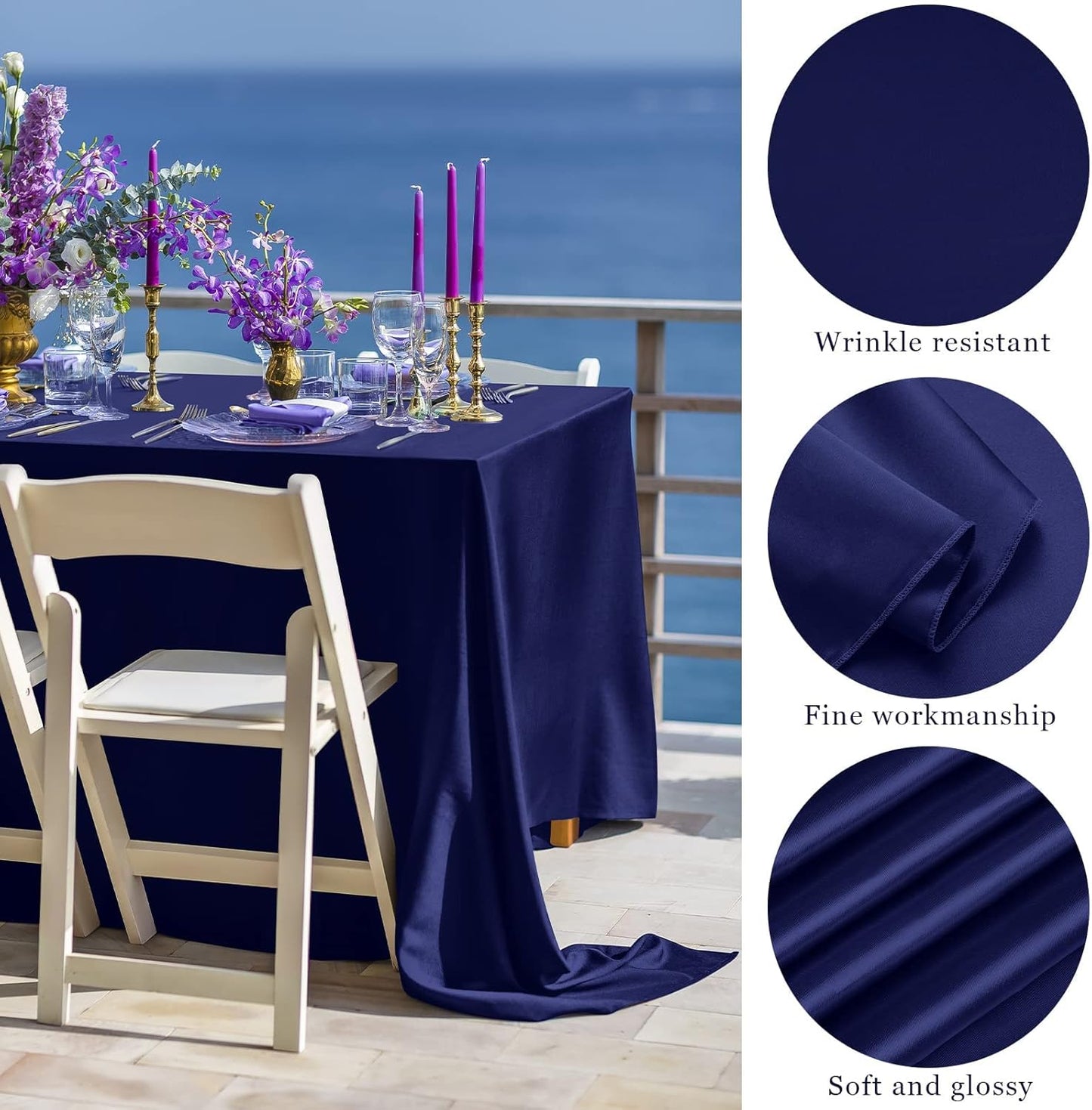 TURSTIN 4 Packs Satin Tablecloth 102 x 58 Inch Overlay Satin Table Cover Rectangle Bright Silk Tablecloth Smooth Fabric Table Decoration for Wedding Banquet Party Events, Navy Blue