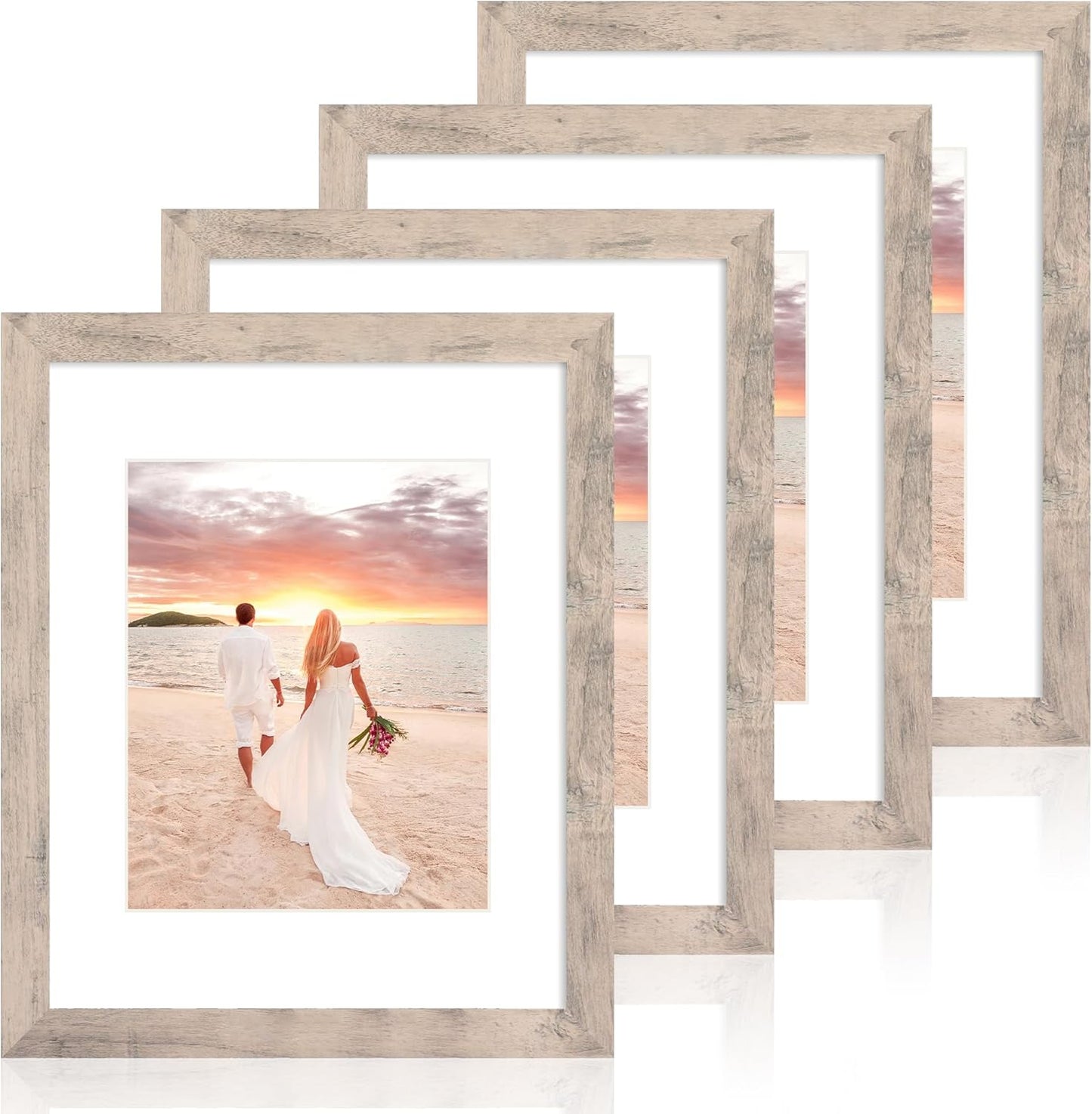 11x14 Picture Frame Set of 4 with Tempered Glass, Smoke Gray Frame Display 8x10 Pictures with Mat or 11 x 14 Without Mat, Wood Rustic Photo Frames for Horizontal or Vertical Wall Mounting