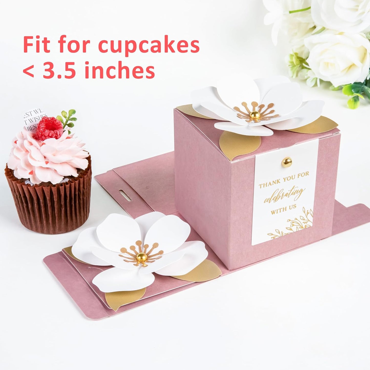 FEIYI 20 PCS Dusty Rose Gift Boxes, 3 In 1 Favor Boxes with Floral Decor, White Thank You Tags Cupcake Containers Gift wrapping for Wedding, Baby Shower, Birthday, Decorations Party - 3.55x3.55x3.55