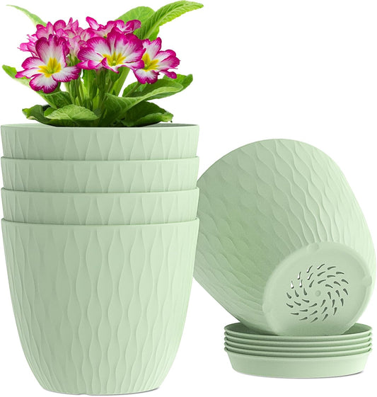6 inch Plant Pots, 5 Pack Flower Pots with Drainage Holes and Saucers for Indoor Plants, Plastic Planters with Water Ripple for Small Garden House Plants, Nursery Pots for Succulent, Green