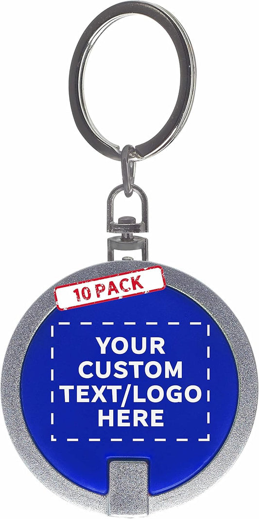DISCOUNT PROMOS 10 Round LED Keychains - Customizable Text, Logo - Battery included, Plastic - Blue