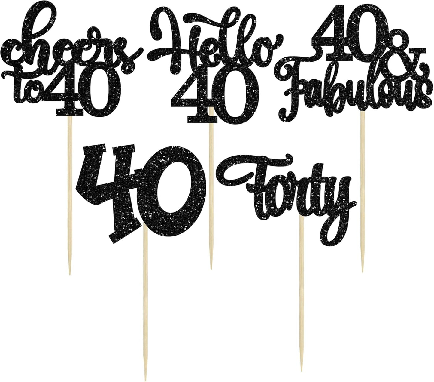 30pcs Happy 40th Birthday Cupcake Toppers - Black Glitter Forty Cheers to 40 Years Old Cupcake Picks for Anniversary Party Cake Decorations