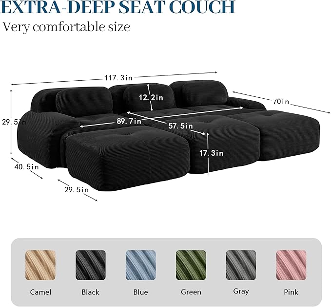 Boneless Sectional Couch, No Assembly Required, 117.3” Modular Cloud Sofa - Image 3