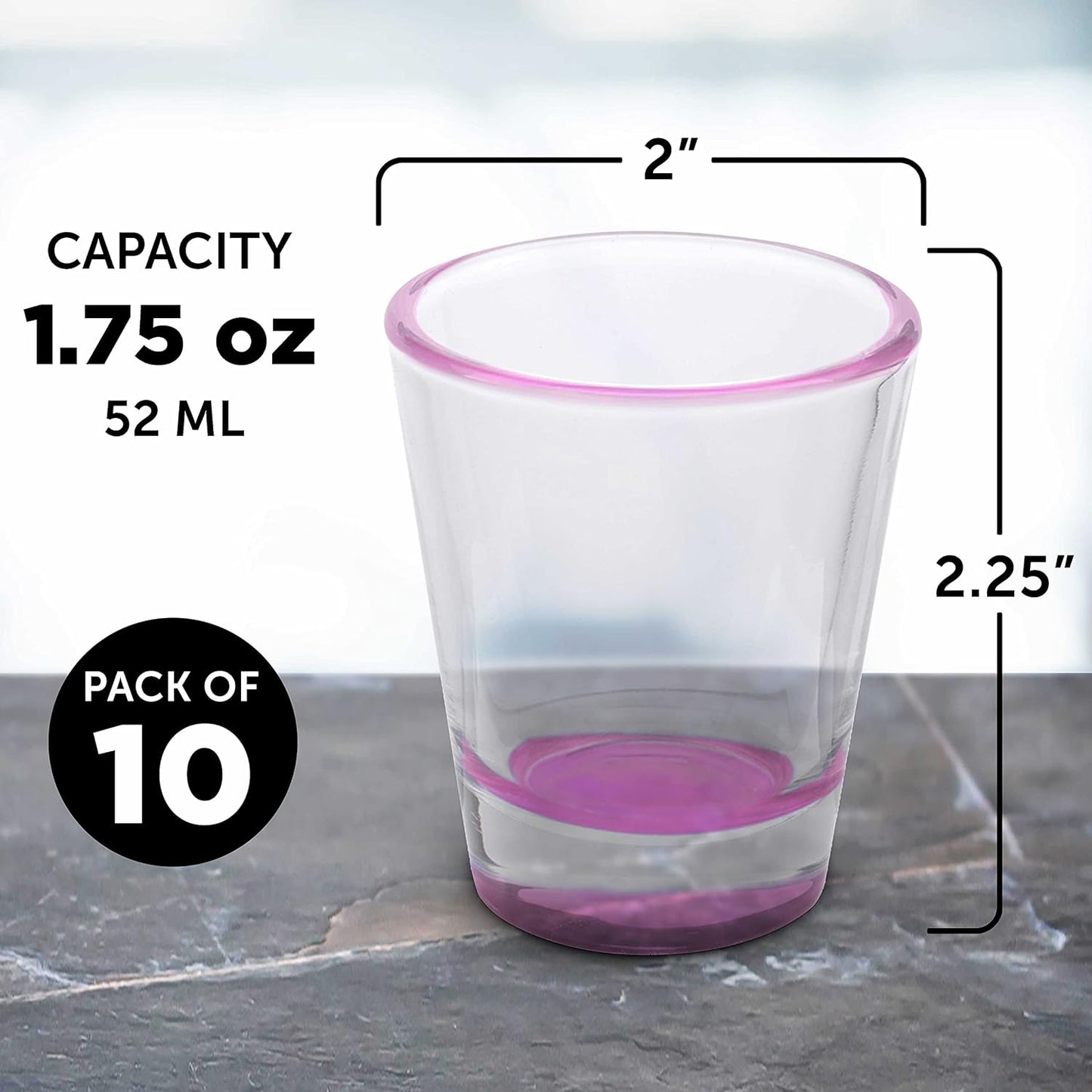 DISCOUNT PROMOS Shot Glasses Set 1.75 oz. Set of 10 Bulk Pack, Wedding Favor, Birthday Party, Tequila Shot Glasses, Vodka Shot Glass - Pink Bottom Color