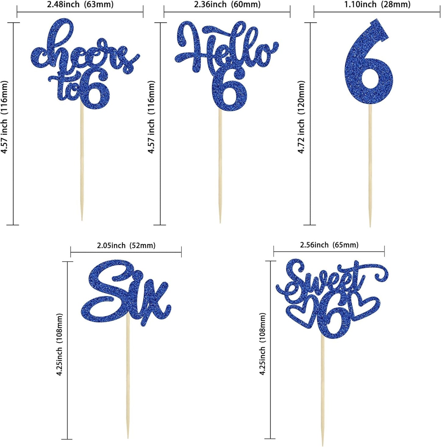 30Pcs 6th Birthday Cupcake Toppers Glitter Six Hello 6 Cupcake Picks Cheers to 6 Years Old Cake Decorations for 6th Birthday Party Supplies Deep Blue