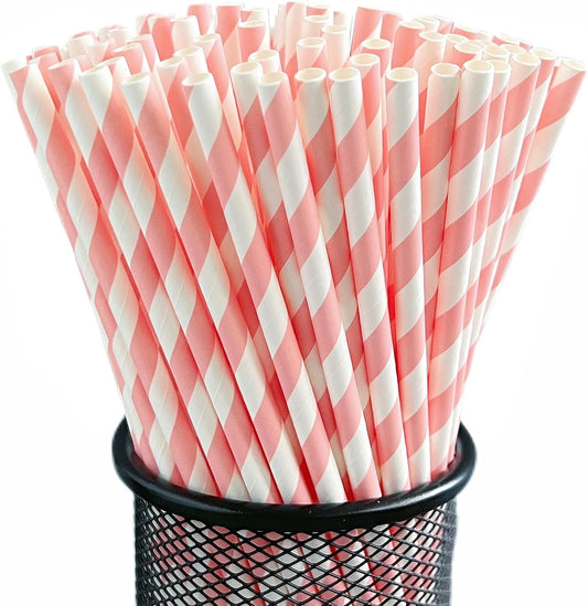 YAOSHENG pink Paper Straws for drinking, 100 Pack pink Striped paper straws for Party Supplies,Birthday,Wedding,Juice, shakes,Smoothies,cocktail
