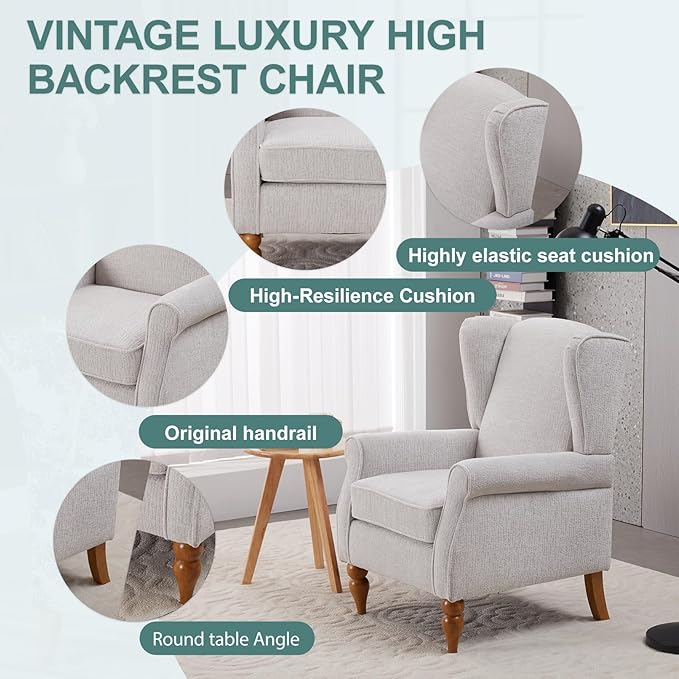 Mid-Century High Wingback Chair Set of 3, Modern Fabric Accent Chair Armchair - Image 6