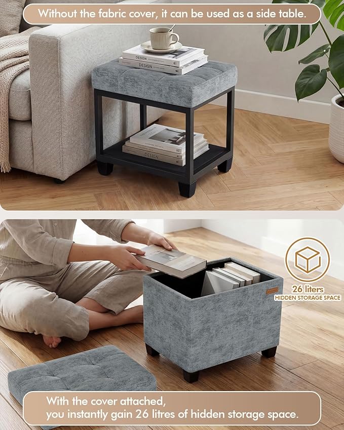 ABHENG Chenille Metal Framed Storage Ottoman, 12.2" D x 16.1" W x 17.7" H - Image 6