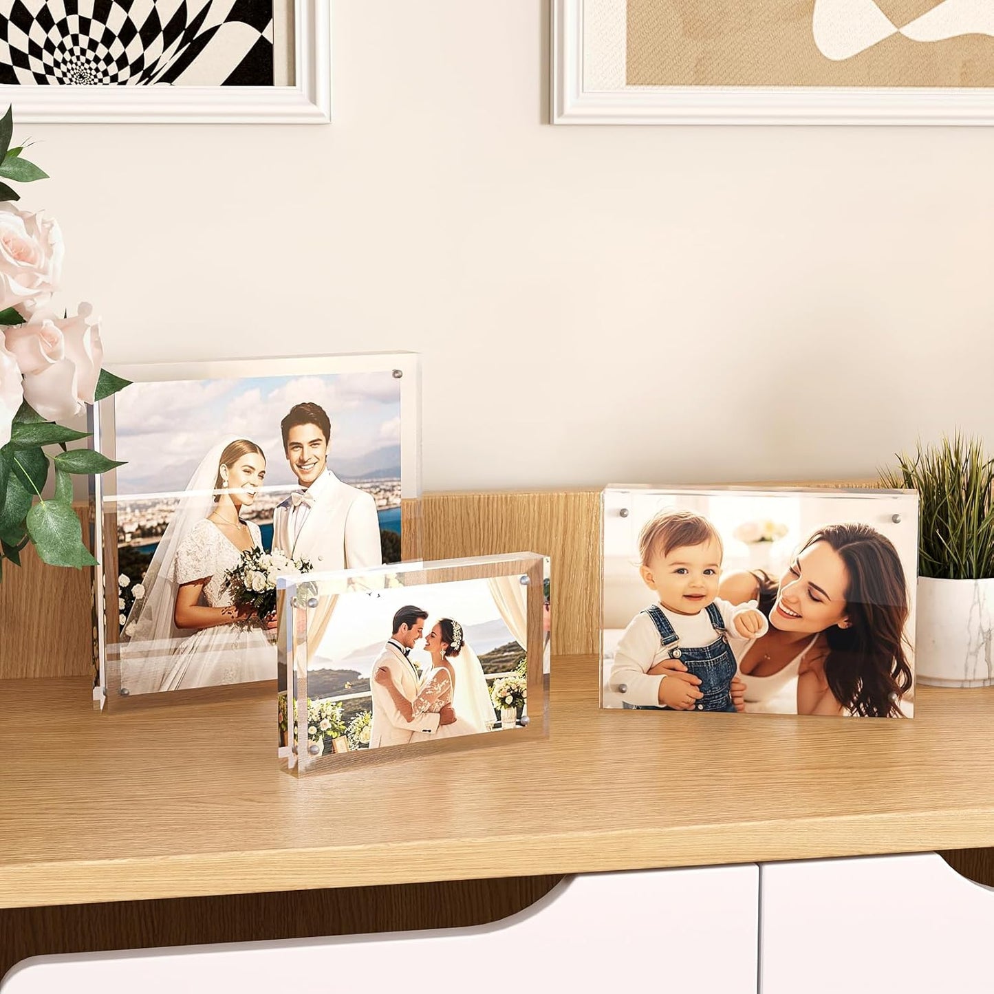 Egofine 3.5x5 Acrylic Frames 3 Pack, 20mm Thicker Frameless Clear Picture Frames, Double Sided Magnetic Picture Frames, Free Standing Desktop Display