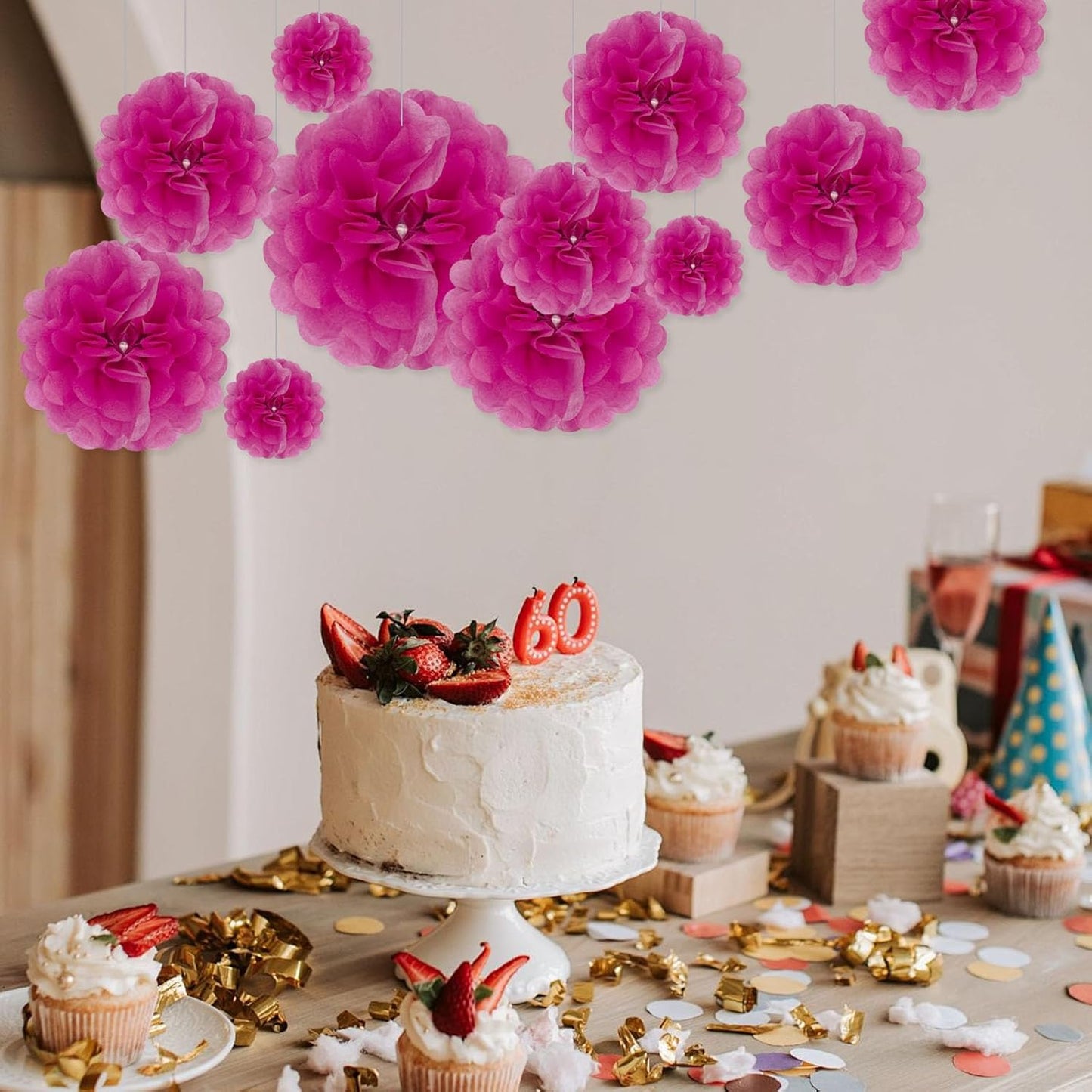 Tissue Paper Pom Poms, Fuchsia Tissue Paper Flowers, Hanging Flower Balls for Weddings Fiesta Parties Birthday Baby Showers Classroom Bridal Shower Decoration (20Piece Set-6/10/12/14Inch)