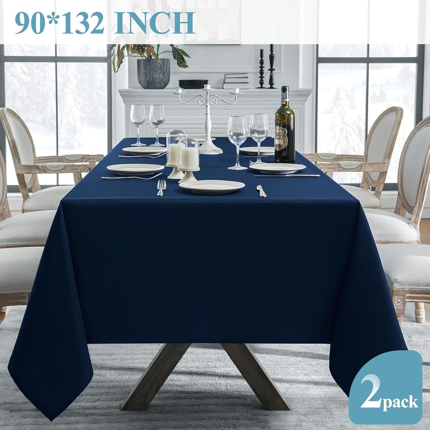 VidaFete Tablecloth 2 Pack 90 * 132inch Rectangle Table Cloth Polyester, Stain Wrinkle Resistant Rectangular Polyester Table Cover for Kitchen Dinning Party Wedding Buffet Decoration(Navy Blue)