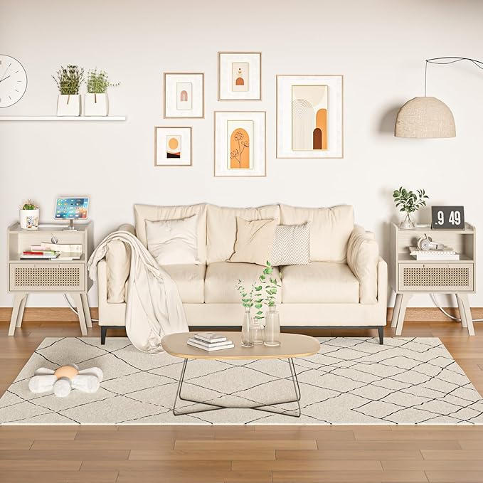 Lerliuo Rattan Nightstand with Charging Station, Side Table with Drawer Open - Image 8