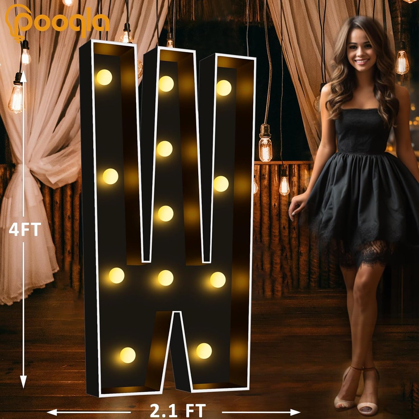 Pooqla 4 FT Marquee Light Up Letters, Black Marquee Letter Lights 4 Feet Tall for Birthday Decoration, Big Mosaic Letters Sign for Balloons Party Anniversary Wedding Decorations, Giant Warm White W