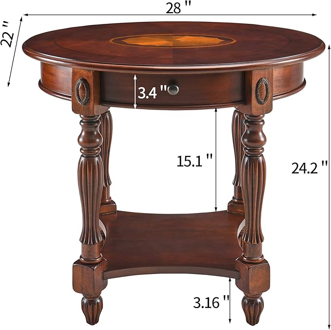 Solid Wood End Table with Drawer, Oval Sofa Side Table, Storage Shelf, Living - Image 3