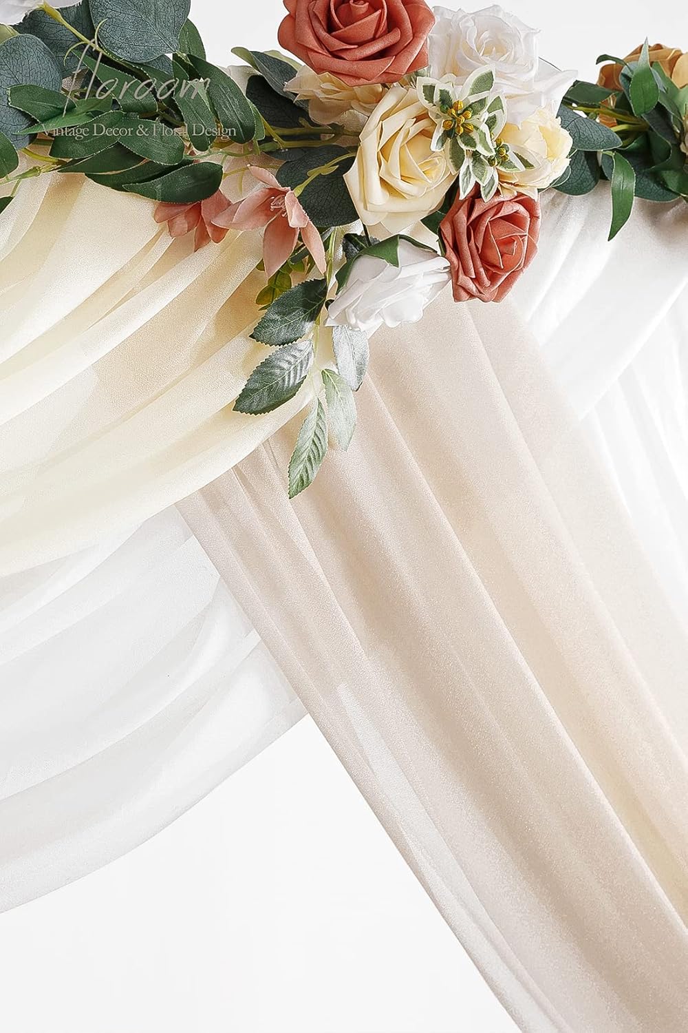 Floroom Wedding Arch Draping Fabric 3 Panels 20Ft Chiffon Fabric Drapes Arbor Drapery Wedding Ceremony Reception Swag Decorations (Nude +Cream +White)